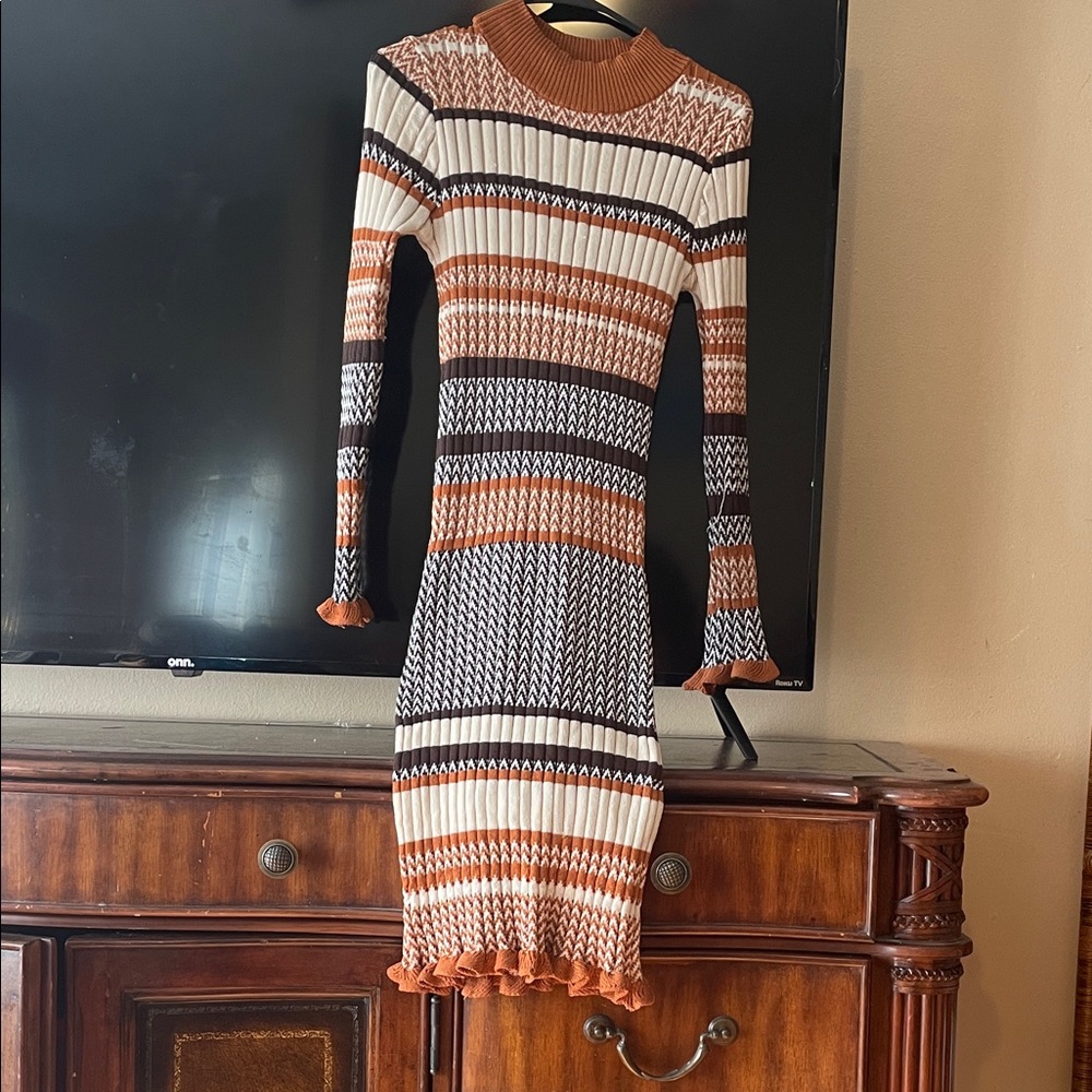 Striped Knit Bodycon Dress - Orange, Black, Cream
